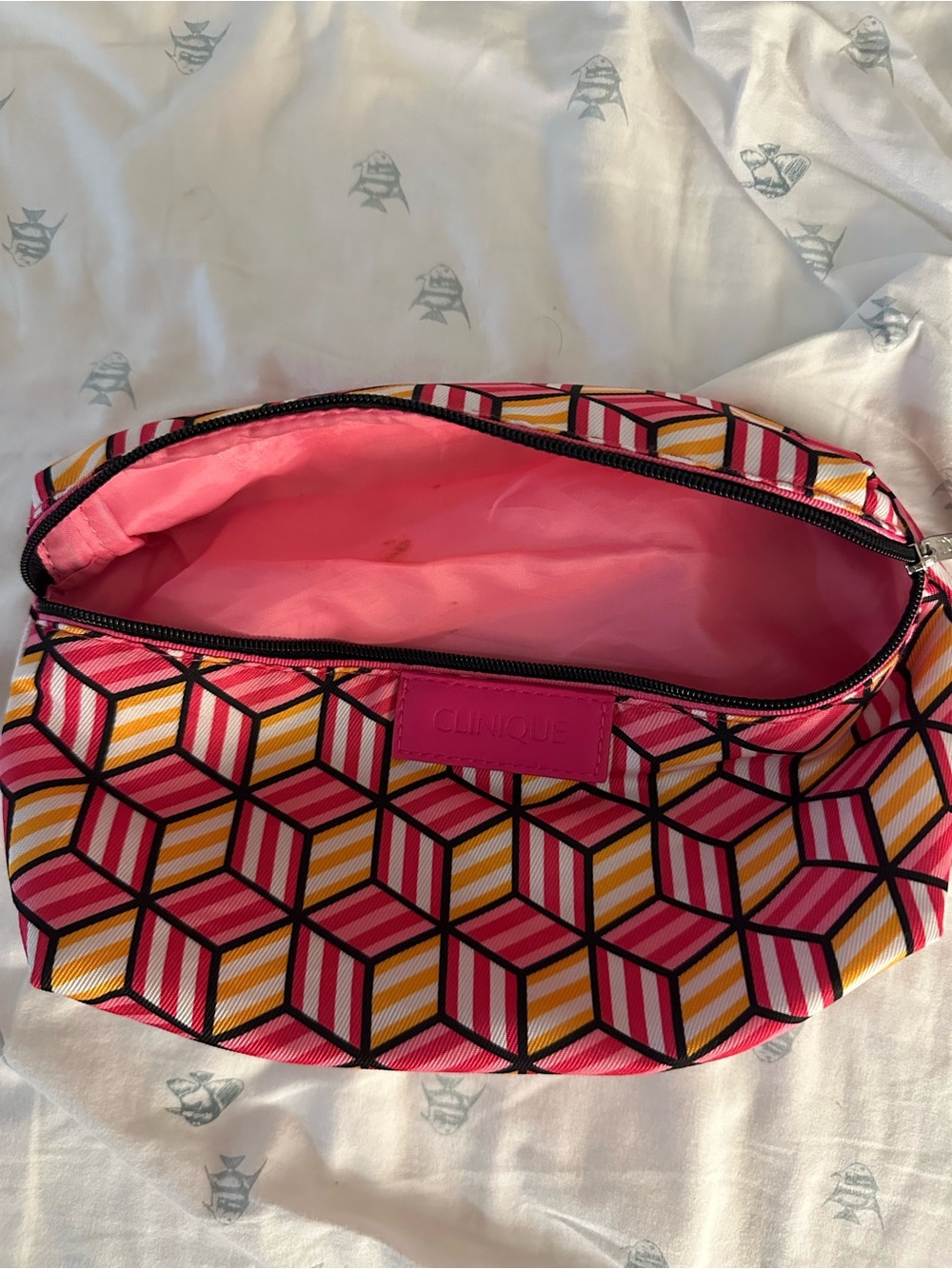 Clinique Pink, Yellow & Black Geo-Print Cosmetic Makeup Pouch